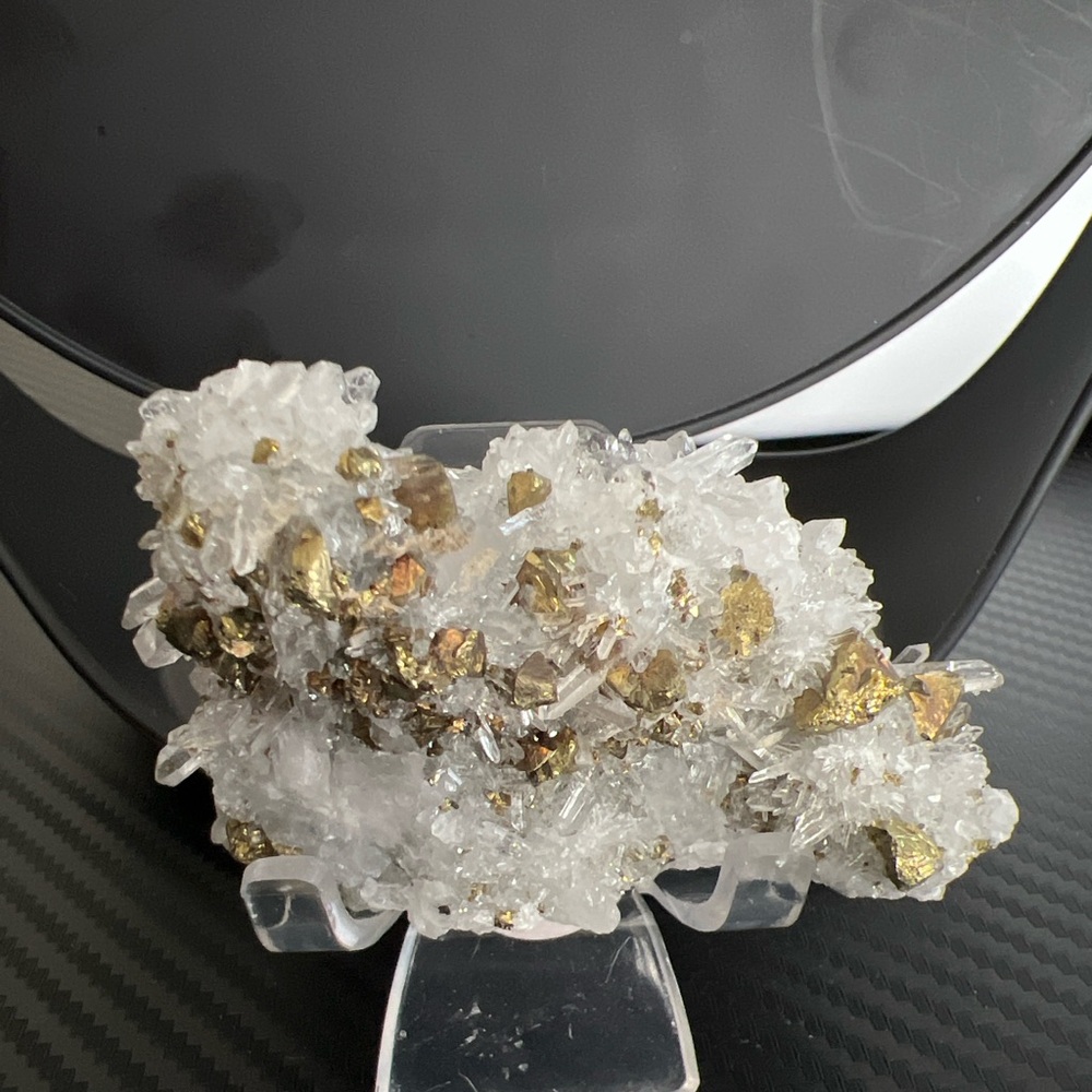 Pyrite in clear quartz naturally forming cluster